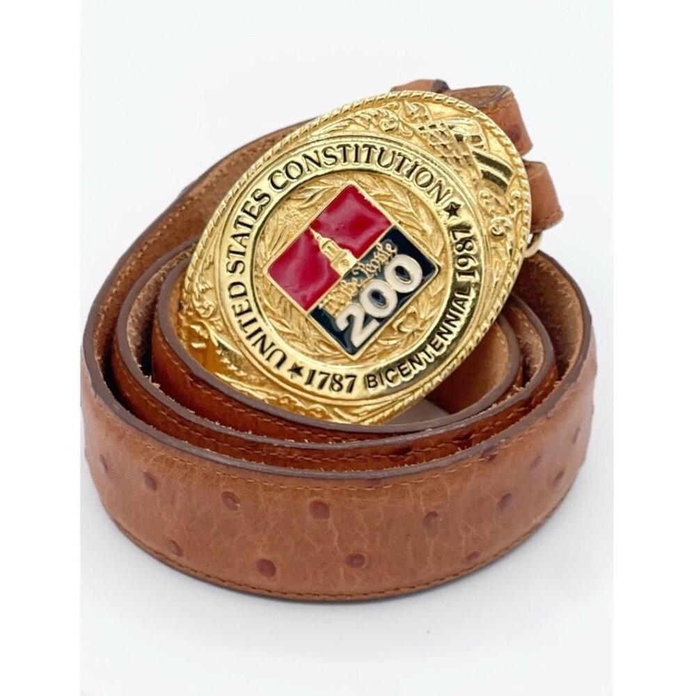 Brown Leather Belt with Gold Bicentennial Buckle